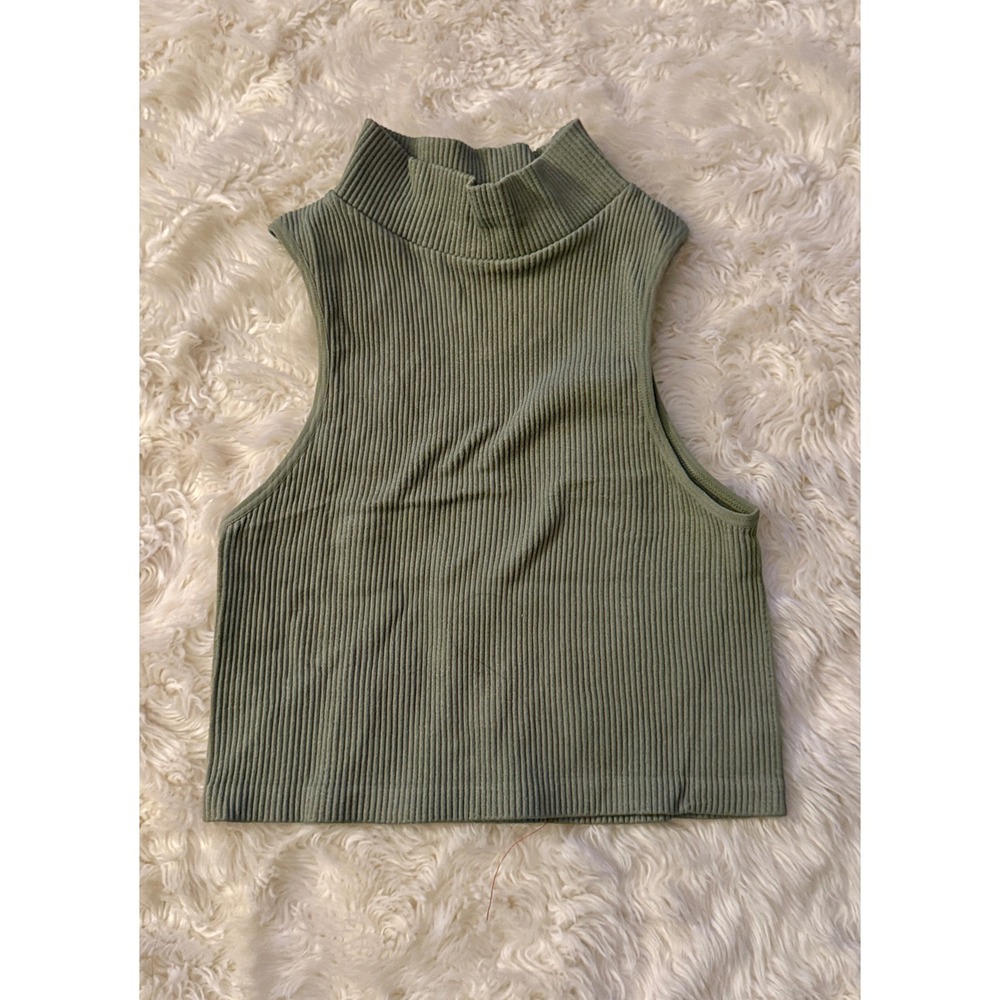 Suzette Collection Ribbed Crop Top O/S Sage Green Mock Neck Tank Streetwear